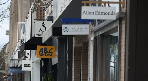 Downtown street view with store signs